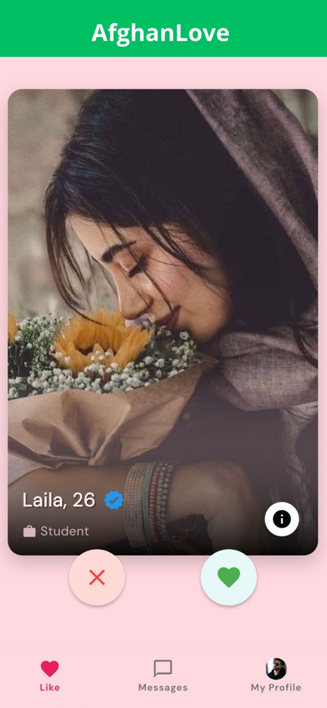 AfghanLove mobile app interface displaying a verified user profile for a twenty-six-year-old student.