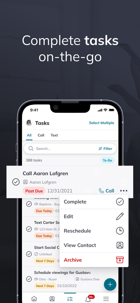KW Command app interface showing a list of real estate tasks and contact follow up options on a mobile phone