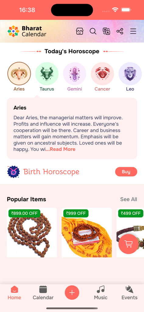 2026 Calendar - Interfaccia dell'app Bharat Calendar che mostra un oroscopo giornaliero per l'Ariete e prodotti spirituali in vendita come perle di Rudraksha.