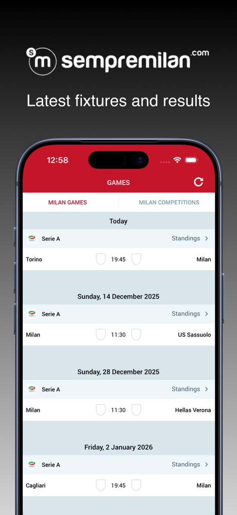 Interface de l'application Sempre Milan affichant les prochains matchs de football et les résultats de l'AC Milan