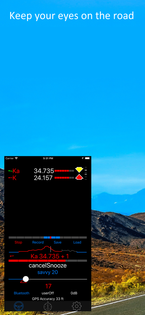 V1Driver - V1Driver app screenshot showing radar frequencies and signal strength over a scenic road background