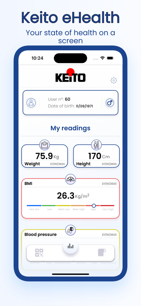 Keito eHealth - Keito eHealth app interface showing health readings including weight height and BMI on a mobile screen