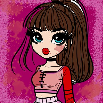 a girl with bangsand a high ponytail a crop top lips eyes and eyelashes a short skirt and boot heels