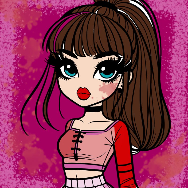 a girl with bangsand a high ponytail a crop top lips eyes and eyelashes a short skirt and boot heels