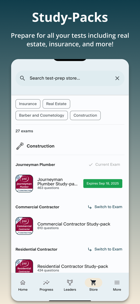 PSI Test Prep - A mobile app interface for PSI Test Prep showing various study packs for professional licensure exams such as real estate, insurance, and construction.