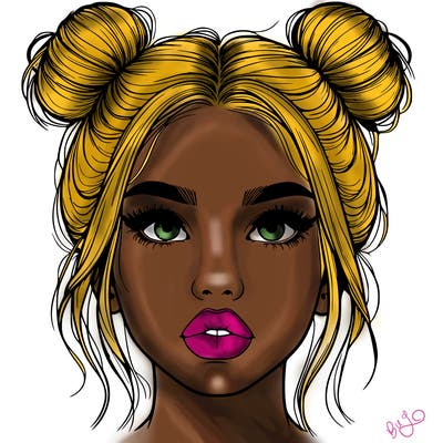 realistic girl with two buns on her hair and lips