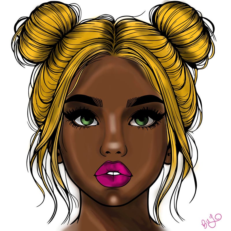 realistic girl with two buns on her hair and lips