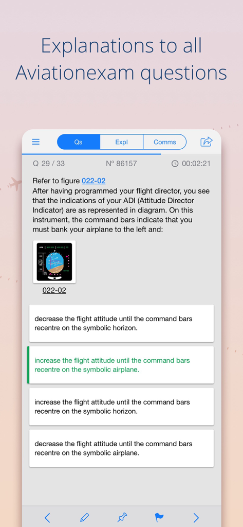 Aviation Exam - EASA - Mobile app interface showing a pilot exam practice question about an attitude director indicator