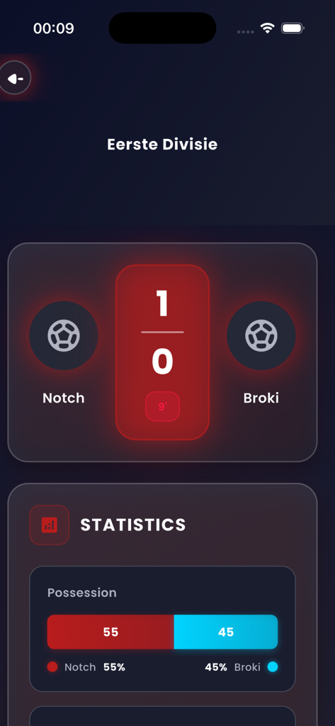 Screenshot of Yacine TV app displaying live soccer score for Notch vs Broki and match possession statistics.