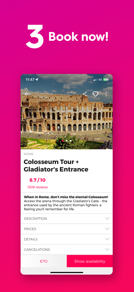 Interface do aplicativo móvel Civitatis mostrando detalhes e opções de reserva para um tour no Coliseu em Roma.