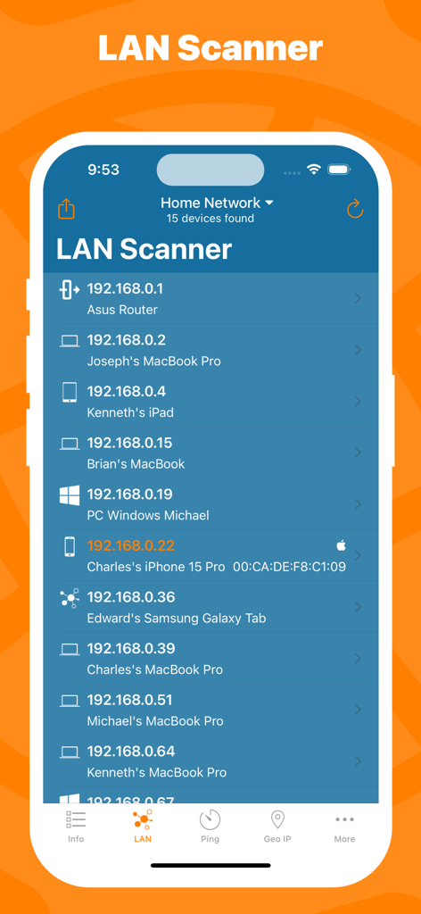 Network Utility app interface showing the LAN Scanner tool with a list of connected devices and their IP addresses.