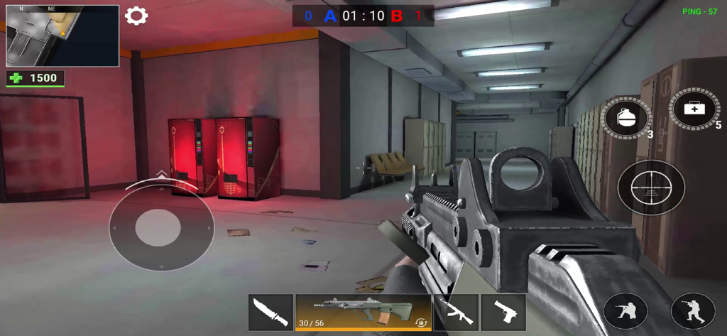 Modern Gun: Shooting War Games - First person perspective of a player holding an assault rifle in a hallway in the Modern Gun mobile game.