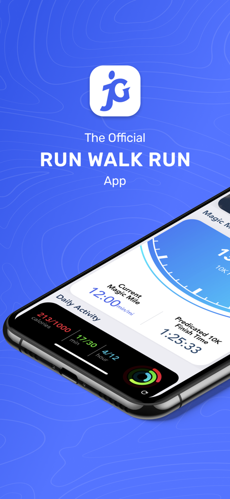 Jeff Galloway Run Walk Run - The official Jeff Galloway Run Walk Run app interface showing daily activity tracking and magic mile results