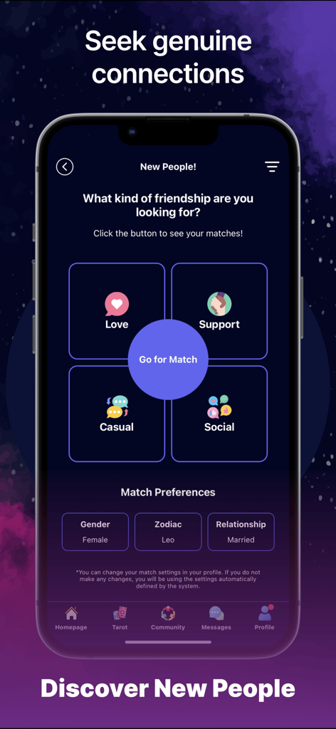 Interfaz de la aplicación Aysel para buscar conexiones genuinas con categorías de relaciones y preferencias de coincidencia astrológica
