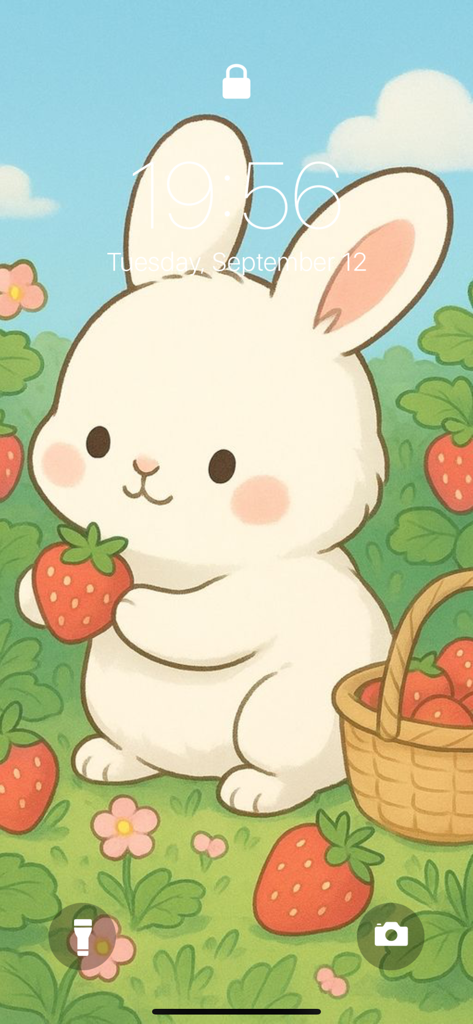 Kawaii Friends Wallpapers - Lindo conejito blanco kawaii sosteniendo una fresa en un fondo de jardín pastel