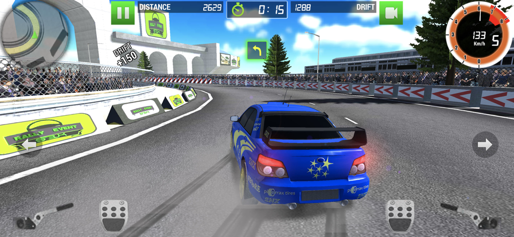 Rally Racer Dirt - A blue rally car drifting on an asphalt race track with game UI elements including a speedometer and pedals