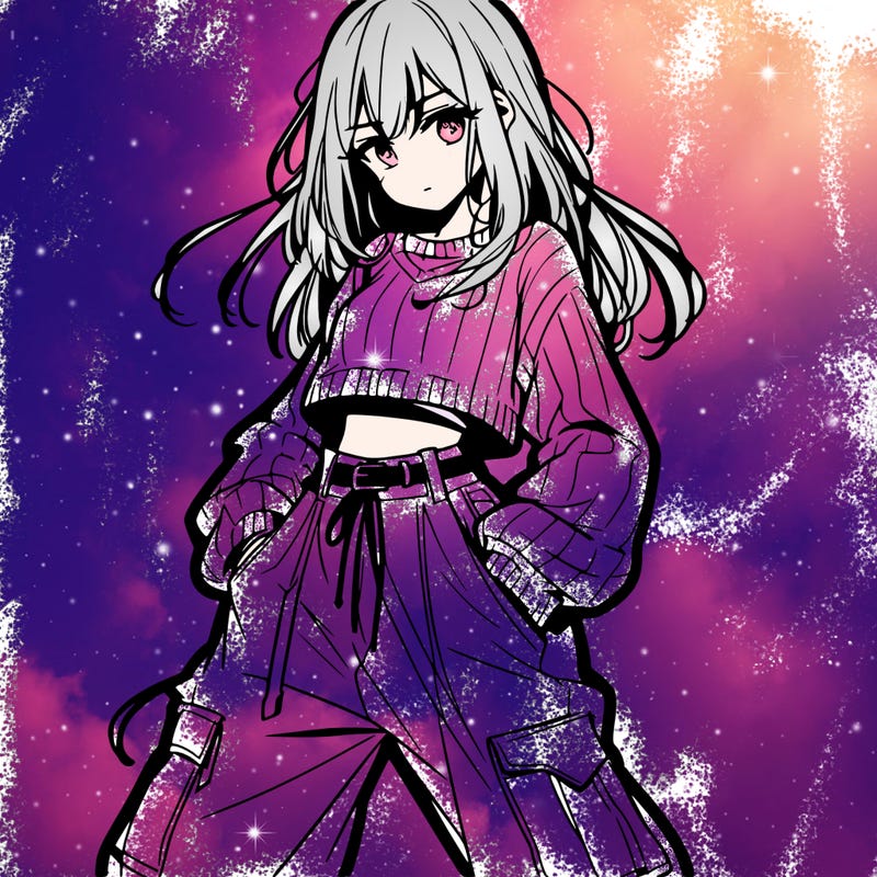 anime teen girl with baggy pants and crop top with sweater