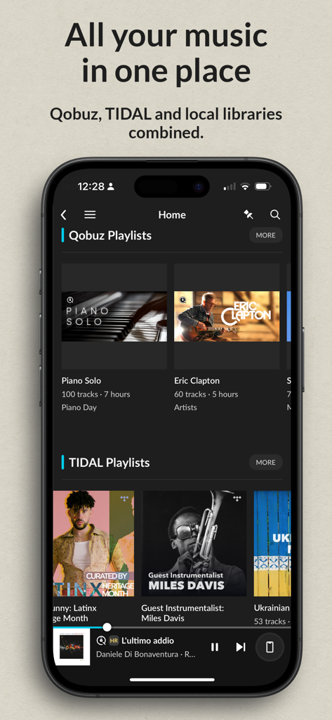 JPLAY - JPLAY app home screen displaying unified music playlists from Qobuz and TIDAL