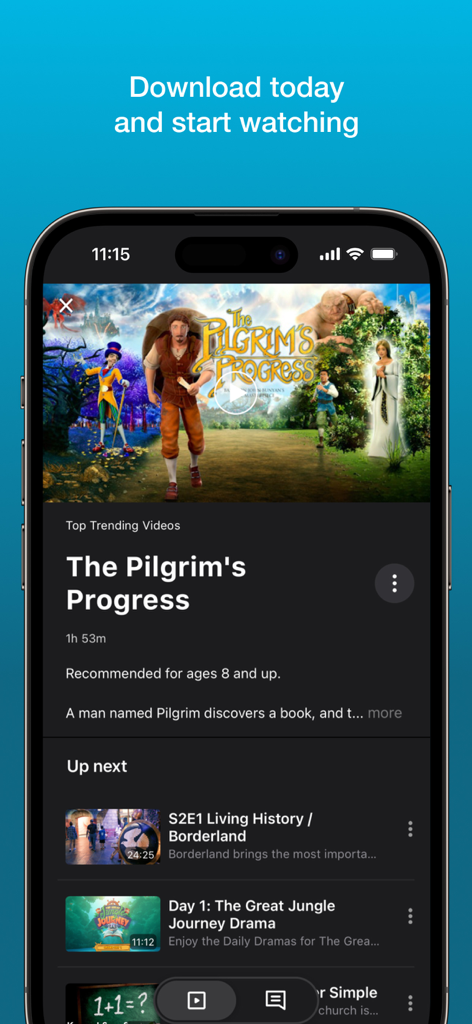 Answers.tv mobile app interface featuring The Pilgrim's Progress movie and a list of faith-based educational videos.