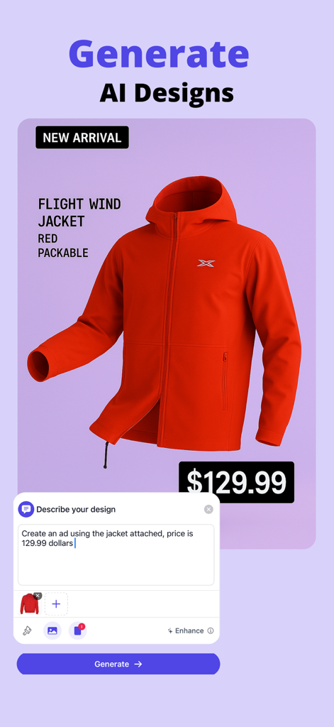 KI-Design-Oberfläche in der Graphiq-App, die eine generierte Produktanzeige für eine rote Windjacke zeigt.
