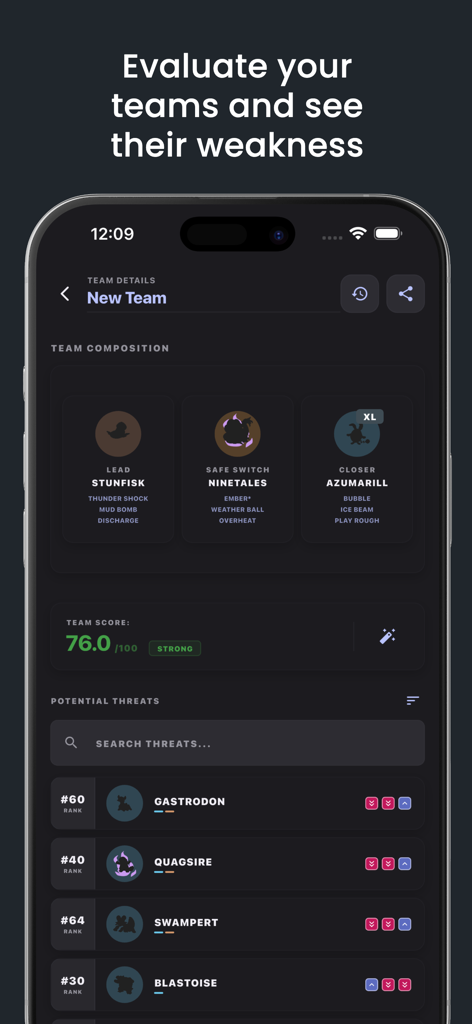 BattleFlow: PoGo PVP Companion - BattleFlow app screen showing a Pokémon GO PVP team evaluation with team score and a list of potential threats