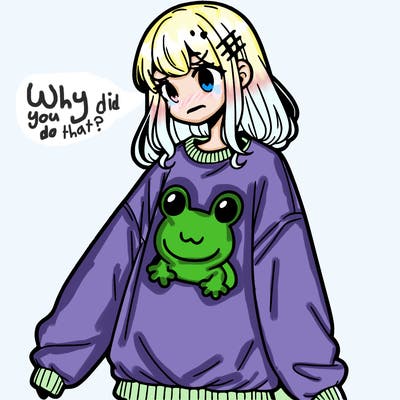 girl wearing frogging sweatshirt