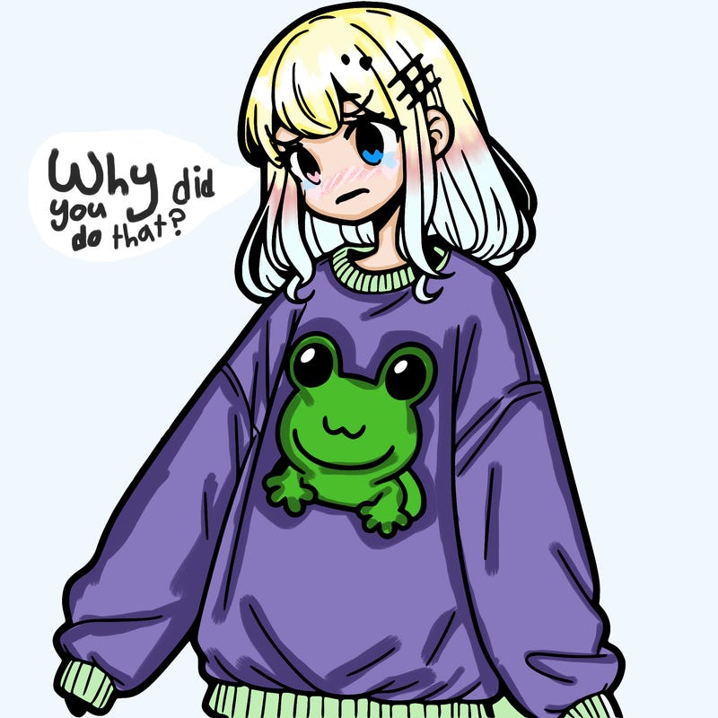 girl wearing frogging sweatshirt