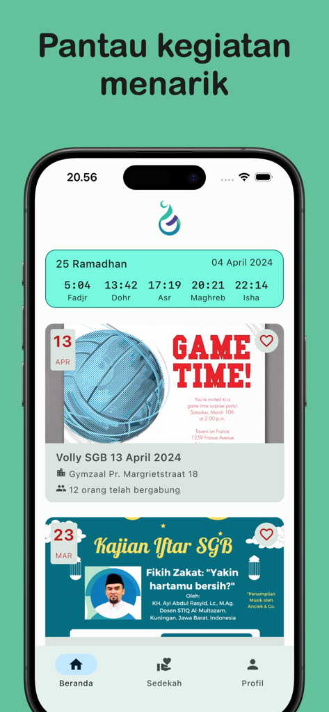 SGB App - SGB App interface showing prayer times and community event listings for Indonesian Muslims