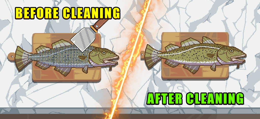 Scale the Depths - Side by side comparison of a fish before and after scaling in the game Scale the Depths
