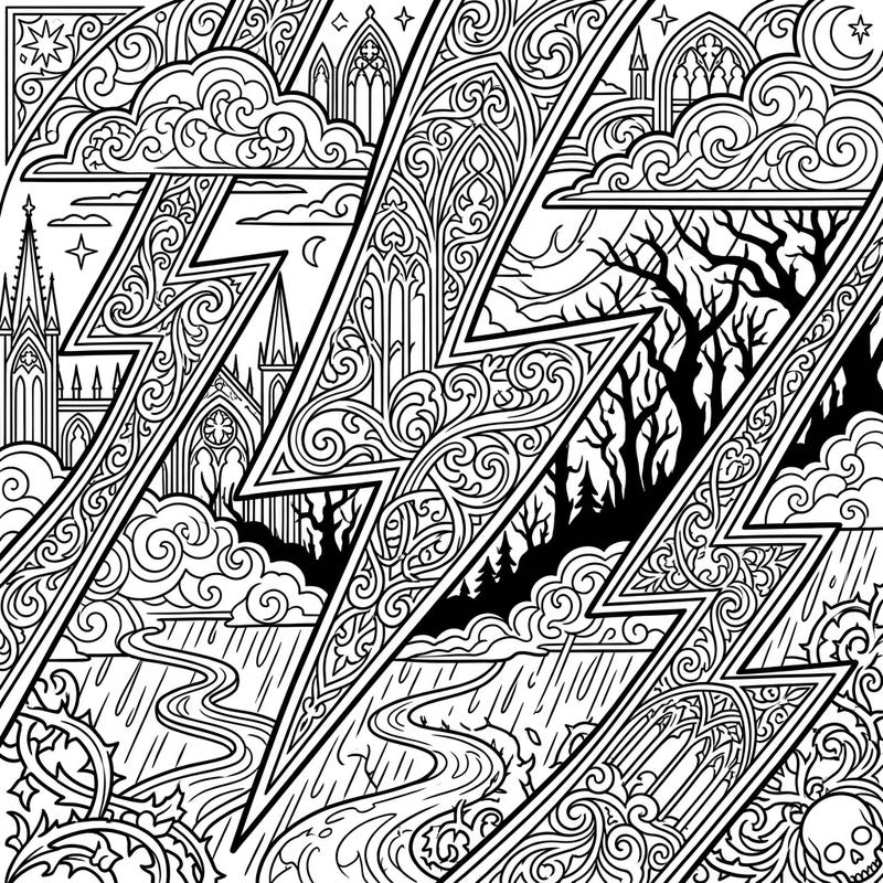 Explore the dramatic beauty of Gothic Ribbon Lightning with this intricately designed coloring page. Featuring ornate patterns and a stormy, melancholic landscape, it's a true artistic challenge.