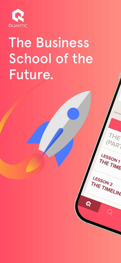 Quantic School of Business app interface featuring a rocket graphic and the text The Business School of the Future.
