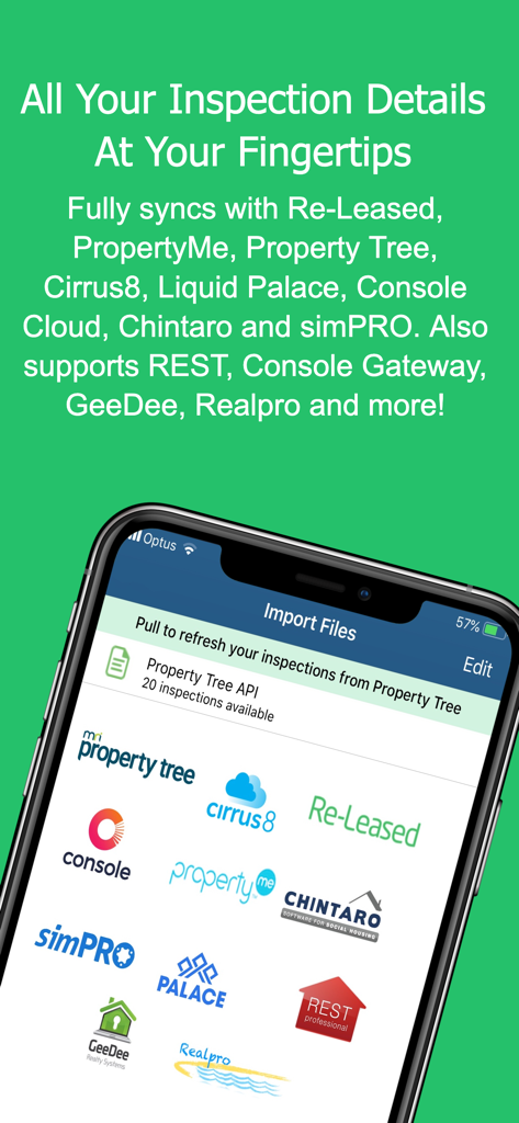 Property Inspection Manager - Smartphone screen showing Property Inspection Manager app integrating with property management platforms like MRI Property Tree and Re-Leased