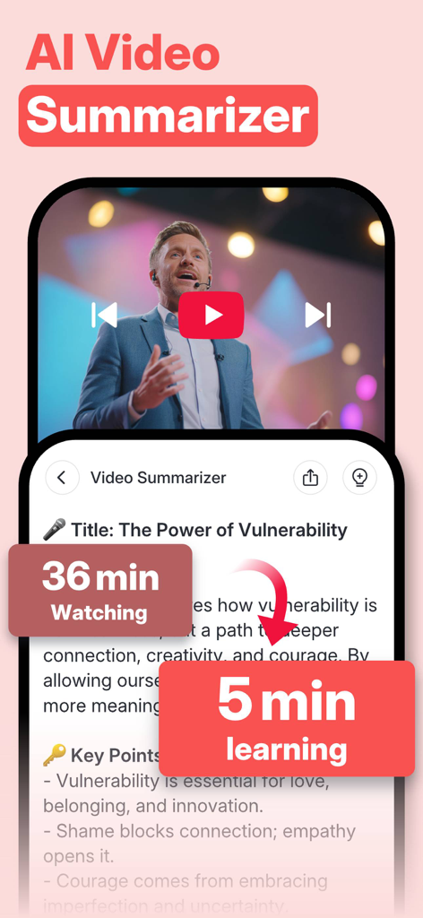 AI Notes Voice to Text, Renote - Interfaz de la aplicación Renote que muestra la función AI Video Summarizer convirtiendo un video de treinta y seis minutos en un resumen de cinco minutos con puntos clave