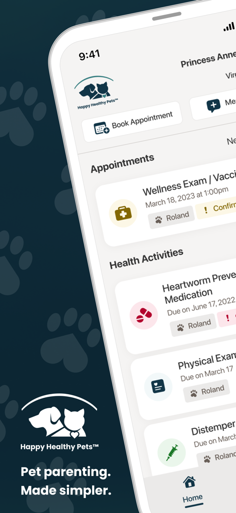 Happy Healthy Pets - Happy Healthy Petsモバイルアプリのインターフェース。ペットの健康記録と予約予約が表示されています