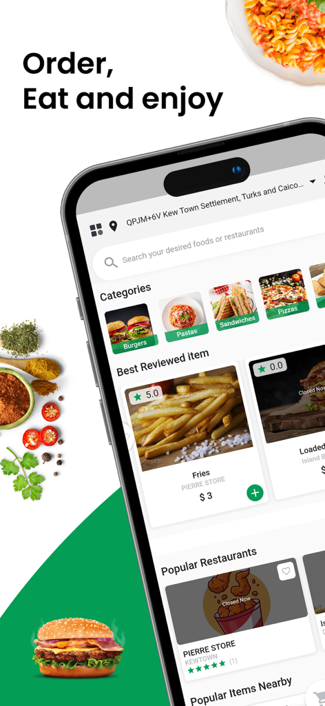 Order Up -Order Food & Grocery - Order Up mobile app home screen showing food categories like burgers and pastas with popular local restaurant listings