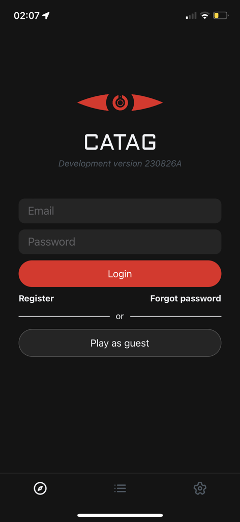 Login screen of the Catag app featuring the red logo and options for email login registration or playing as a guest