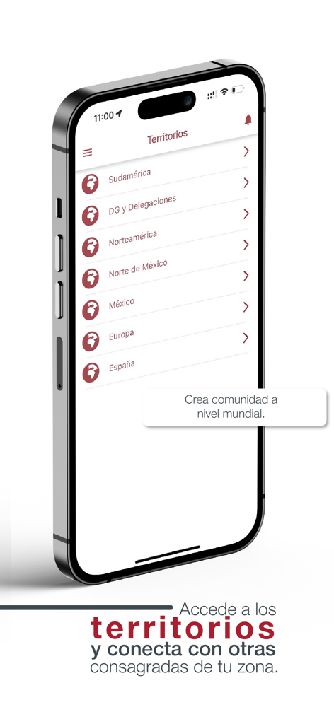 Consagradas Regnum Christi app screenshot showing the global territories directory to connect with other community members.