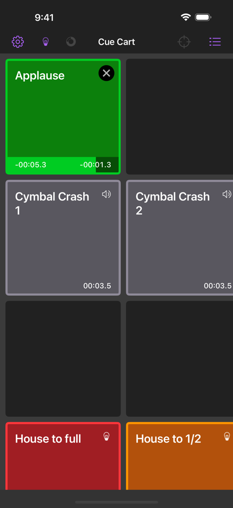 QLab Remote app interface showing a cue cart with buttons for triggering sound effects like applause and lighting cues for house lights.