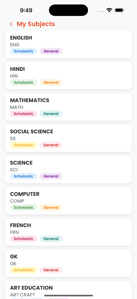 The My Subjects screen in the Students Portal app listing academic courses like English and Mathematics