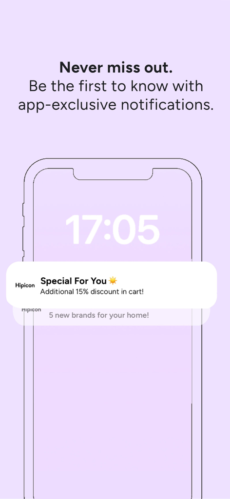 Ein Smartphone-Bildschirm, der eine Hipicon-App-Benachrichtigung für einen Sonderrabatt und Updates zu neuen Designmarken anzeigt
