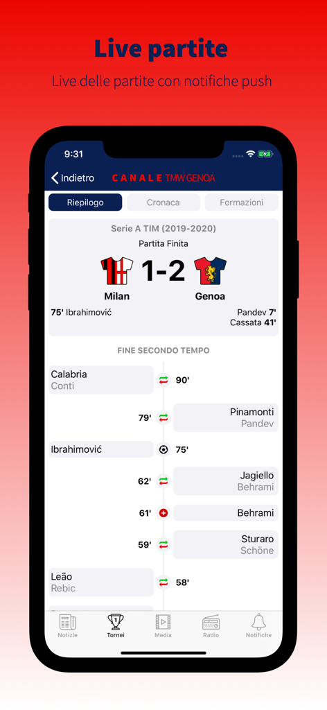 Canale TMW Genoa - Mobile app screen showing a live match summary and score between Milan and Genoa
