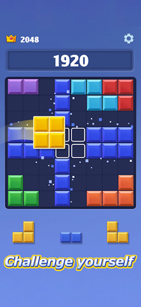 블록 블라스트 2025 퍼즐 게임 화면, 그리드 위에 있는 다채로운 블록들을 보여줌