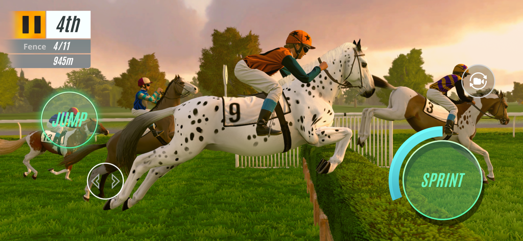 Cavalos e jóqueis saltando sobre uma sebe em uma corrida de cross country.