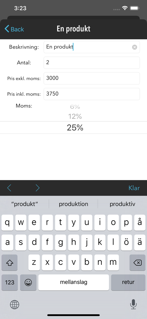 FakturaMallen - FakturaMallen 앱에서 VAT 계산 기능이 있는 송장에 제품을 추가하기 위한 모바일 화면