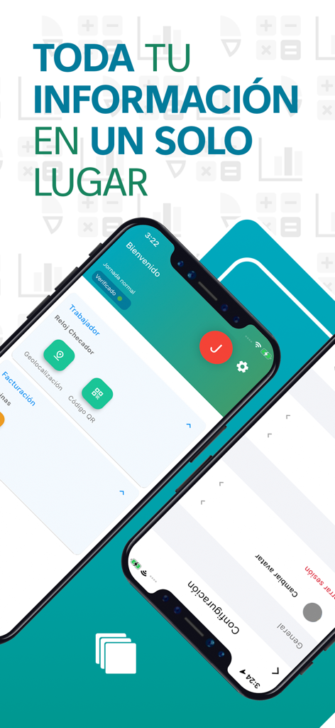 Panel de Facture App Nómina mostrando las funciones de reloj de tiempo y geolocalización para empleados