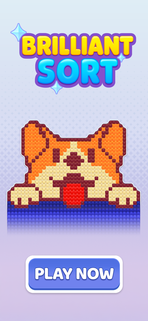 Brilliant Sort game title with diamond pixel art of a cute corgi dog and a play now button