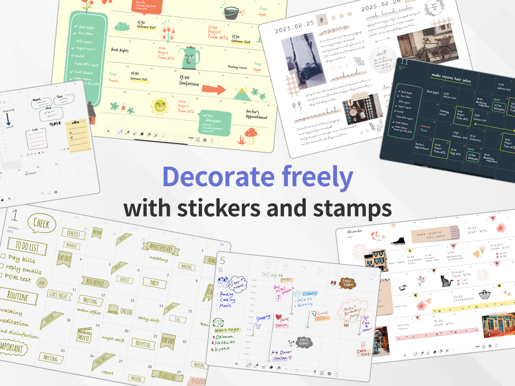 カラフルなステッカーとスタンプで装飾されたiPad上のデジタルプランナーレイアウトのコラージュ。