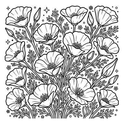 Immerse yourself in the vibrant beauty of spring with this California Poppies coloring page. Featuring a bountiful display of distinctive cup-shaped flowers and delicate foliage, it promises hours of creative relaxation.
