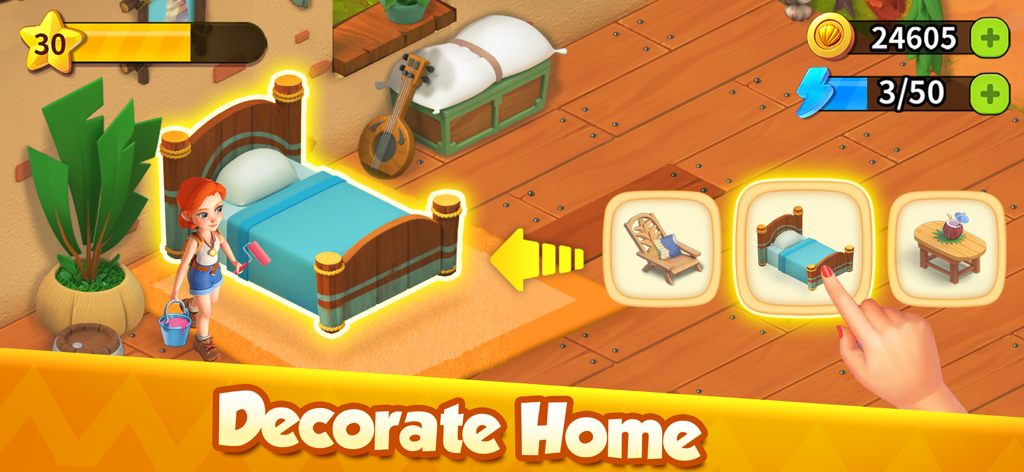 Eine Figur, die ein Schlafzimmer im Mobile Game Family Farm Adventure dekoriert