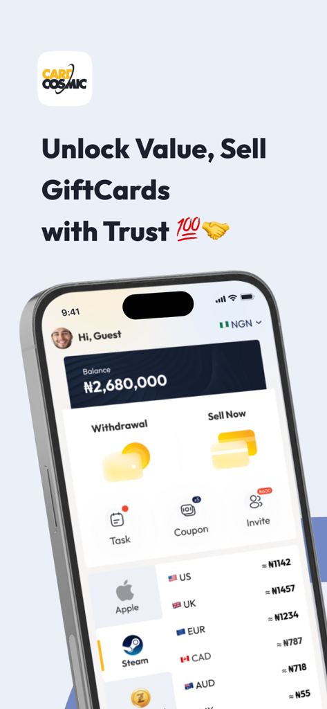 CardCosmic mobile app interface for selling gift cards for cash